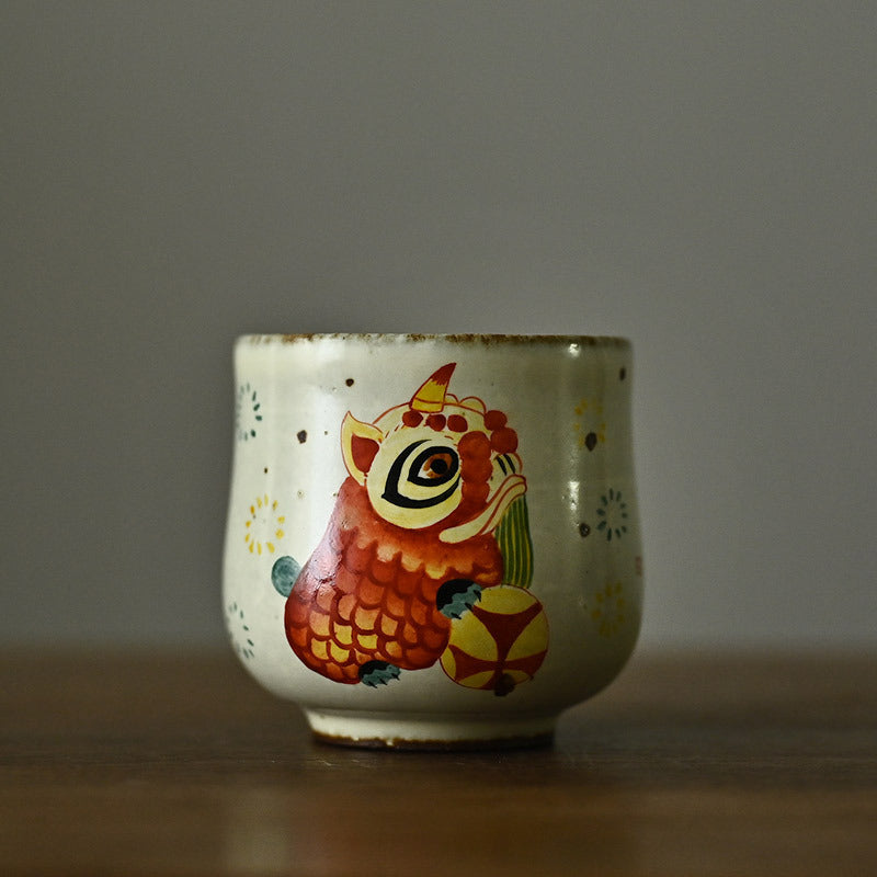 Vintage Rough Pottery Hand Painted Lion Happy Lion Master Cup Teacup