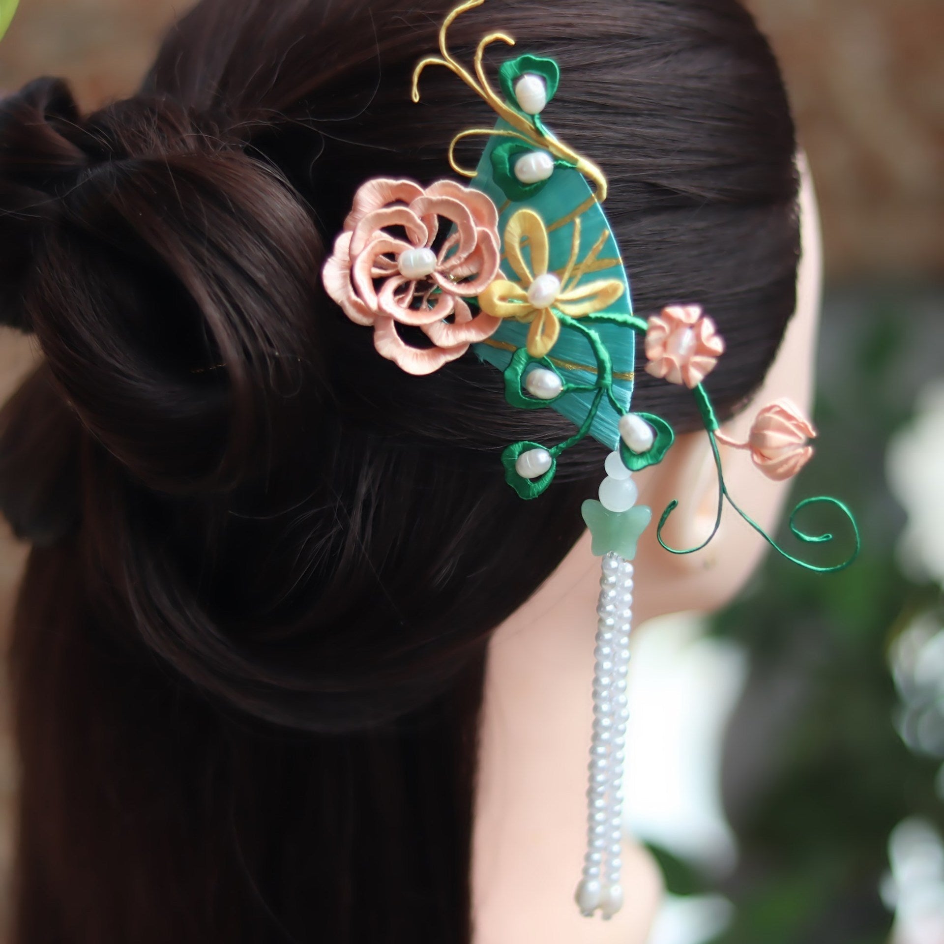 Wrapped Peony Flower Pearl Tassel Hairpin Step Shaking Hair-4