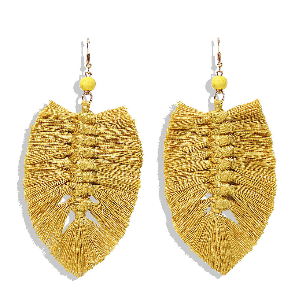 Handmade Gradient Tassel Earrings Leaf Shape Ethnic Style Earrings Exotic Earrings