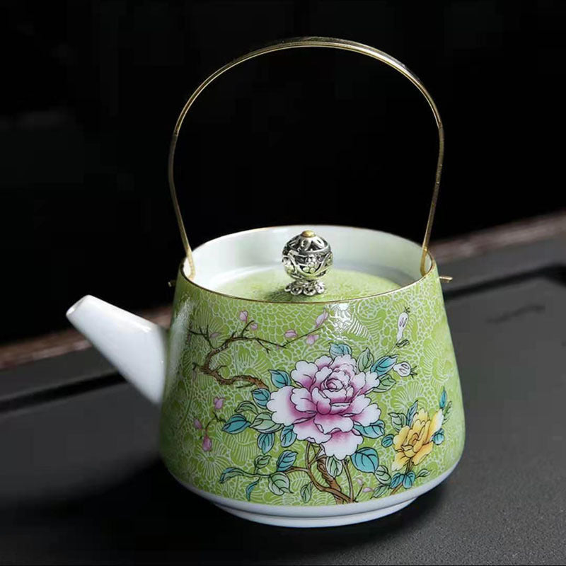 Enamel Painted Teapot Vintage Household Peony Ring Handle Teapot