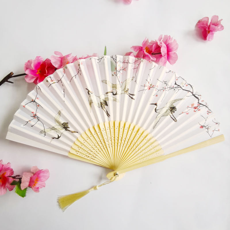 Floral Patterns with Tassel Portable Bamboo Silk Folding Fan-6