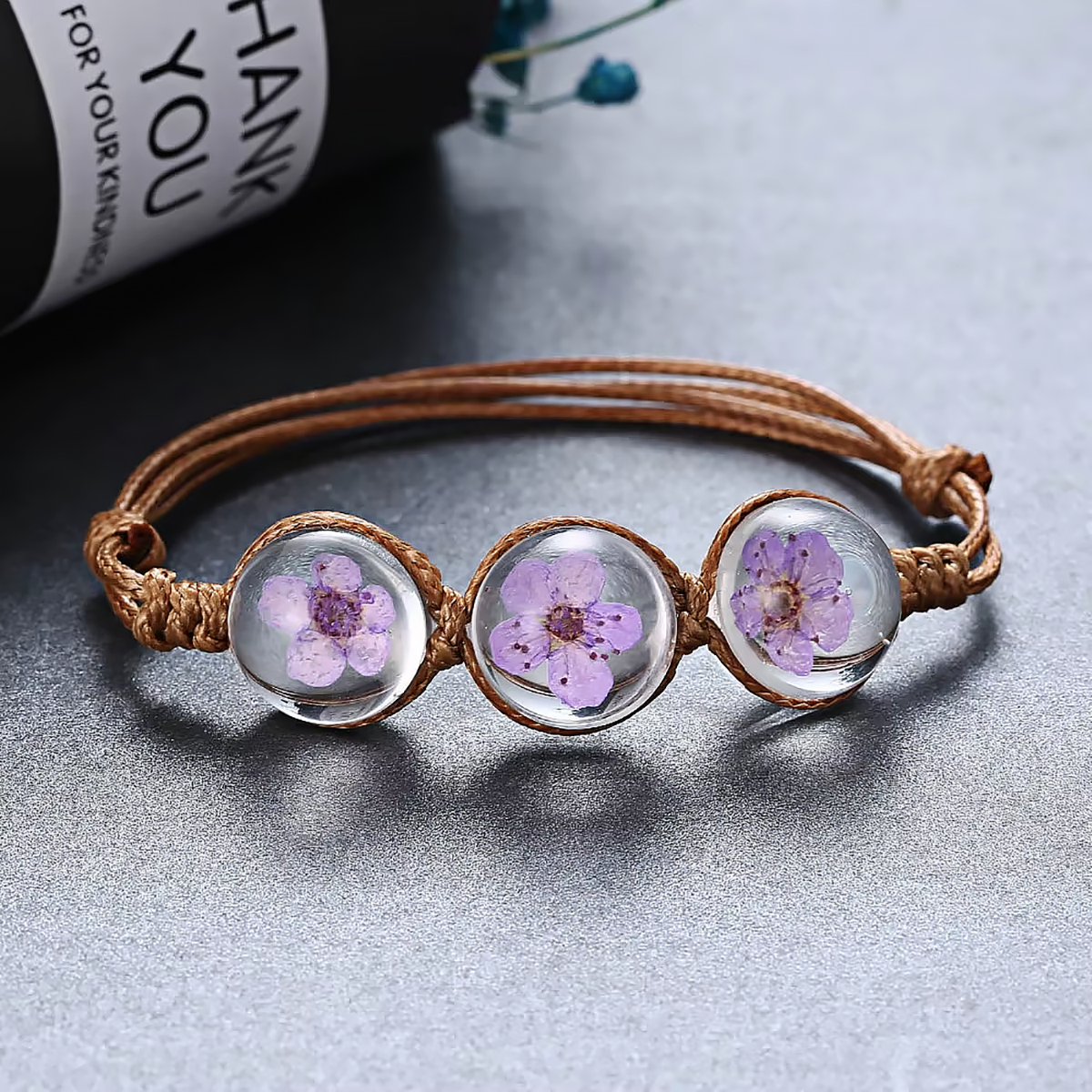 Flower Time Dried Flower Glass Bead Bracelet Nature Inspired Jewelry-2