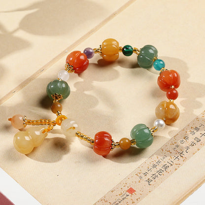 Natural Gold Filigree Jade Pumpkin Beads Bracelet