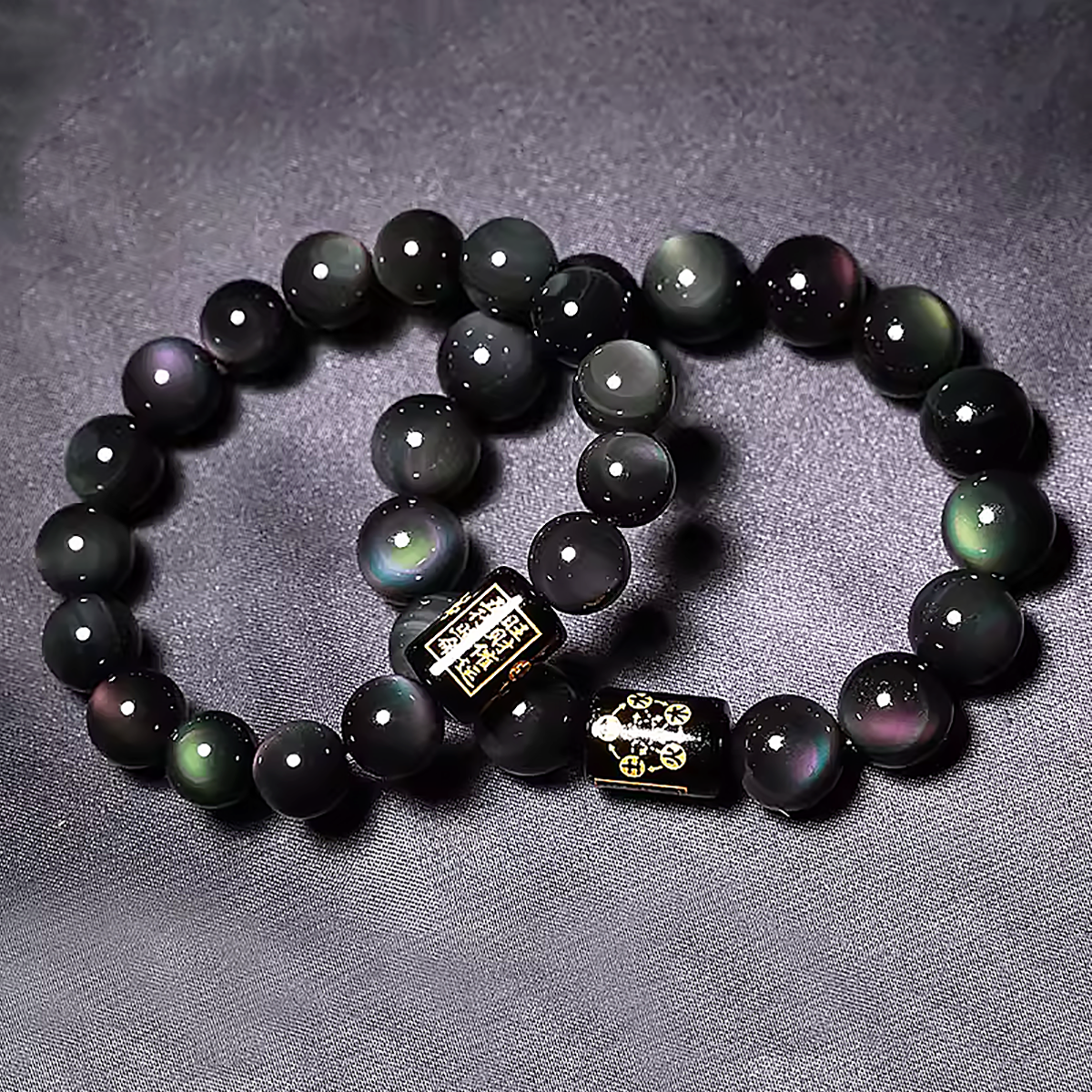Rainbow Eye Obsidian Bracelet Natural Black Crystal Bead Bracelet-5