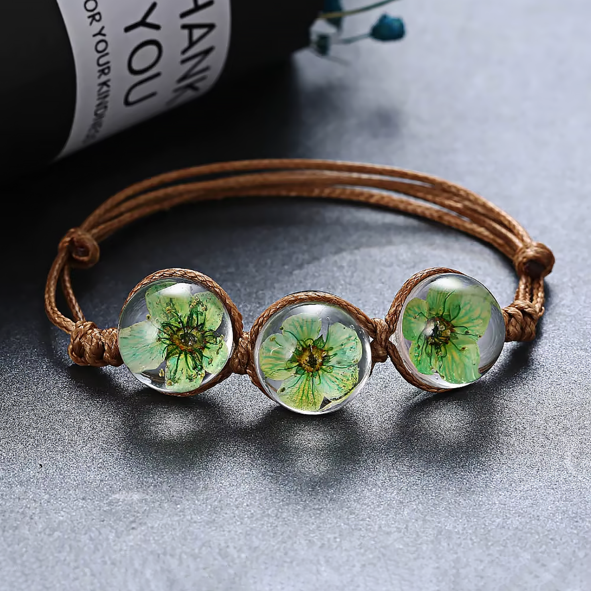 Flower Time Dried Flower Glass Bead Bracelet Nature Inspired Jewelry-3