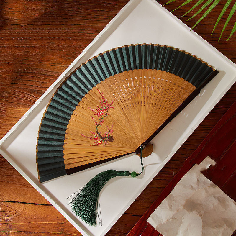 Ancient Style Dark Green Cherry Blossom Summer Portable Folding Fan-3