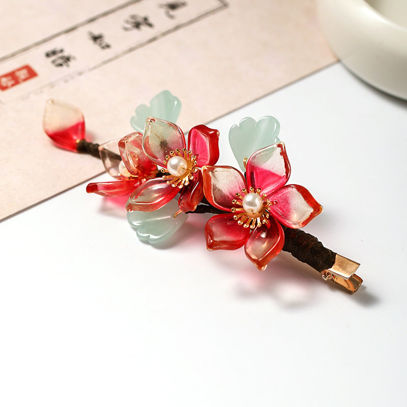 Red Female Antique Crystal Flower Hairpin Hanfu Ancient Costume Accessories