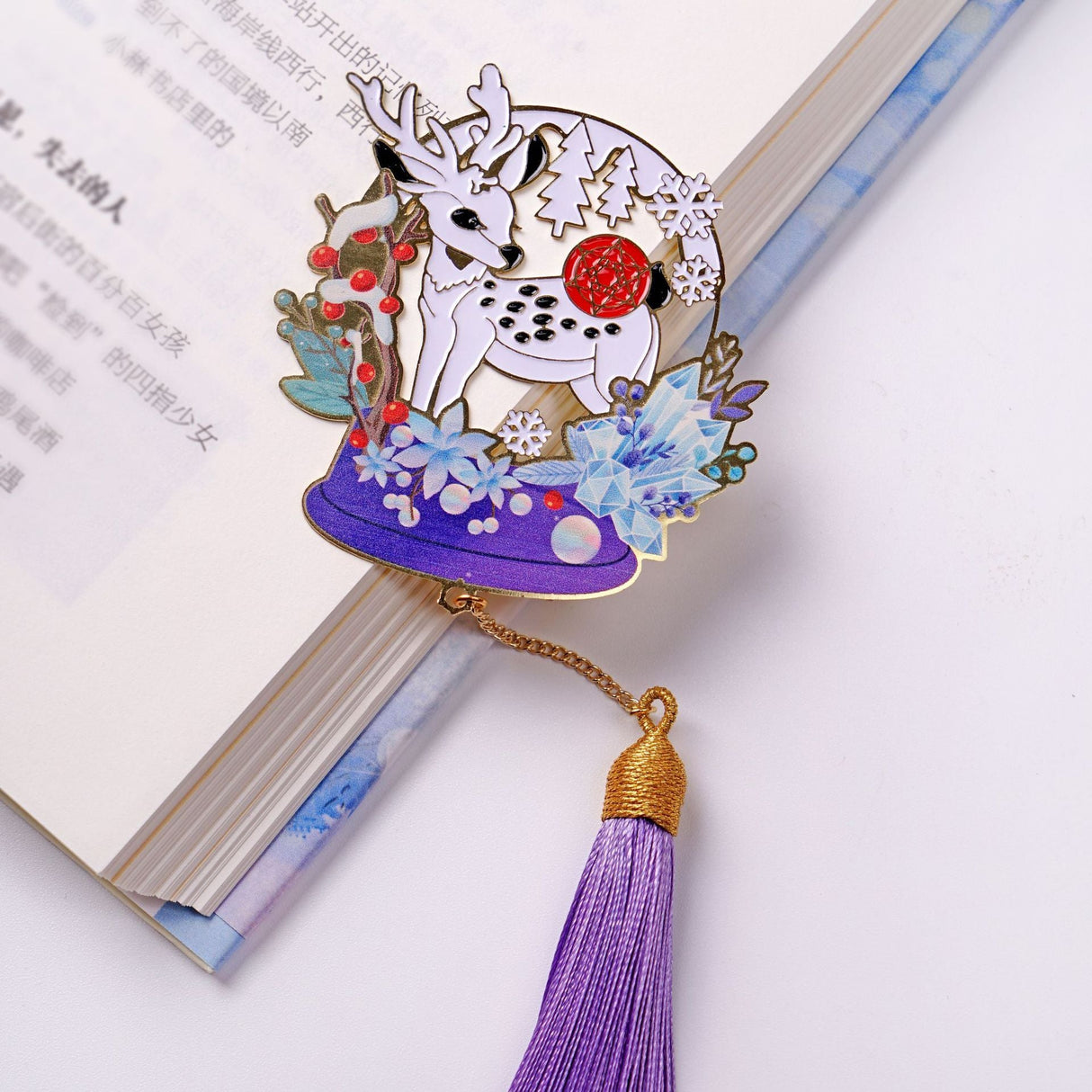 Purple Series Christmas Deer Crystal Ball Panda Copper Bookmark-5