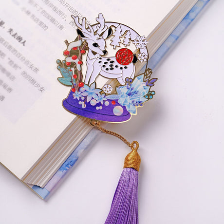 Purple Series Christmas Deer Crystal Ball Panda Copper Bookmark-6
