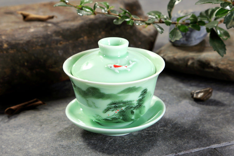 Hand Painted Celadon Kung Fu Tea Set Suit Tea Bowl Tureen