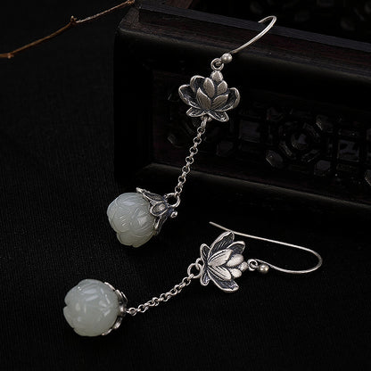 Retro Natural Hetian Jade White Jade Lotus Persönlichkeit Frauenohrringe