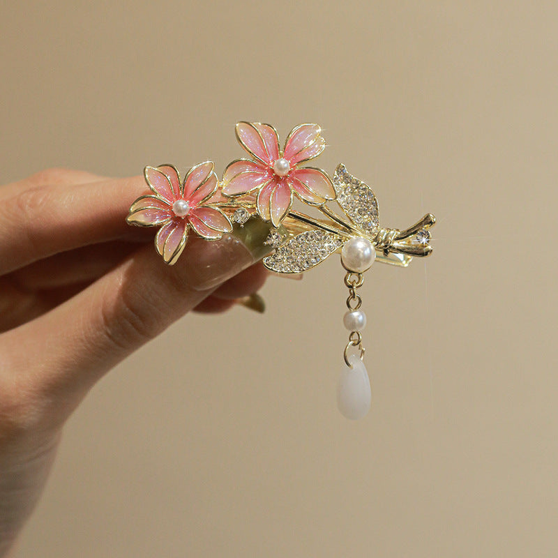 Super Fairy Cherry Blossom Pansy Pearl Tassel Hairpin Ancient Style Female Side Fringe Headdress Duckbill Clip