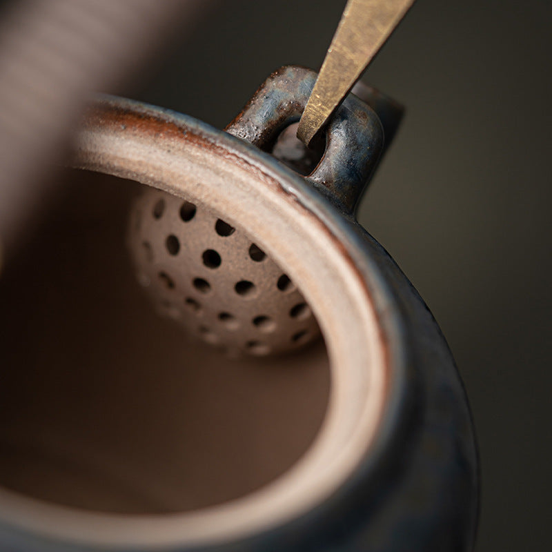Old Rock Clay Carrying Handle Teapot Bronze Glaze Tea Set