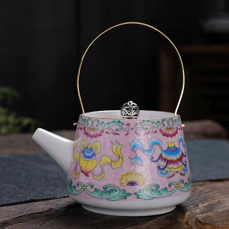 Enamel Painted Teapot Vintage Household Peony Ring Handle Teapot