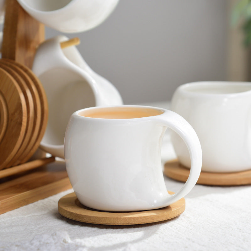 Six-piece Simple Ceramic Set Tea Cup Three-dimensional Bamboo Wooden Bracket Non-slip Coaster