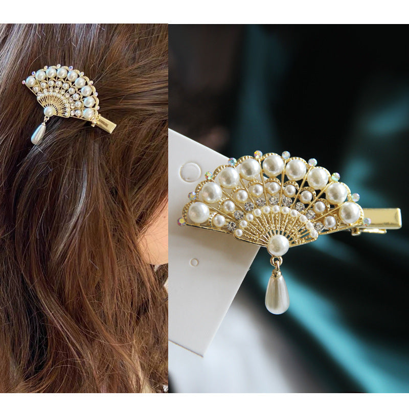 Beauty fan temperament pearl rhinestone hairpin side bangs duckbill clip