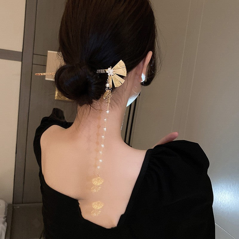 Chinese Wind Fan Flower Pearl Tassel Hairpin