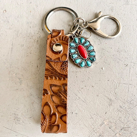 Retro Embossing Cowhide Western Style Turquoise Keychain-4