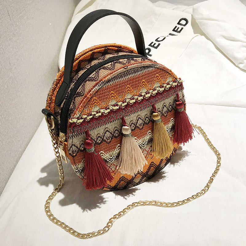 Ethnic style round bag chain girl small shoulder bag crossbody bag