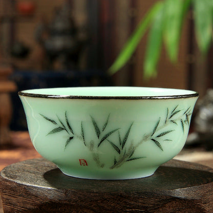 Green Hand-painted Azure Orchid Pu'er Teacups with Large Mouth-3