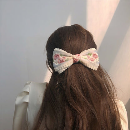 Embroidered Flower Ribbon Big Bow Hairpin