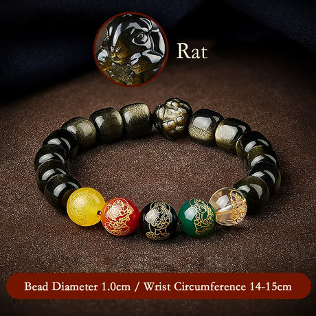 Five Gods of Wealth Lucky Beads Bracelet Zodiac Gold Obsidian Handheld Rosary-14
