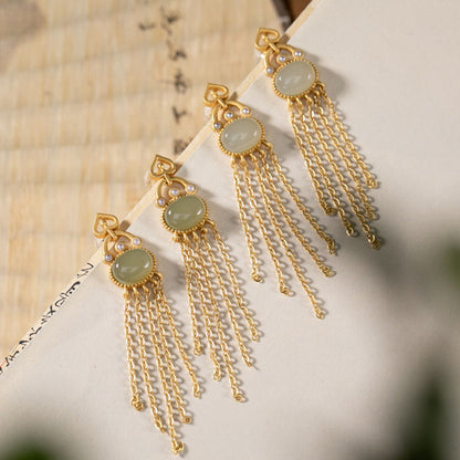 Silver-plated Hetian Jade Temperament Long Tassel Earrings