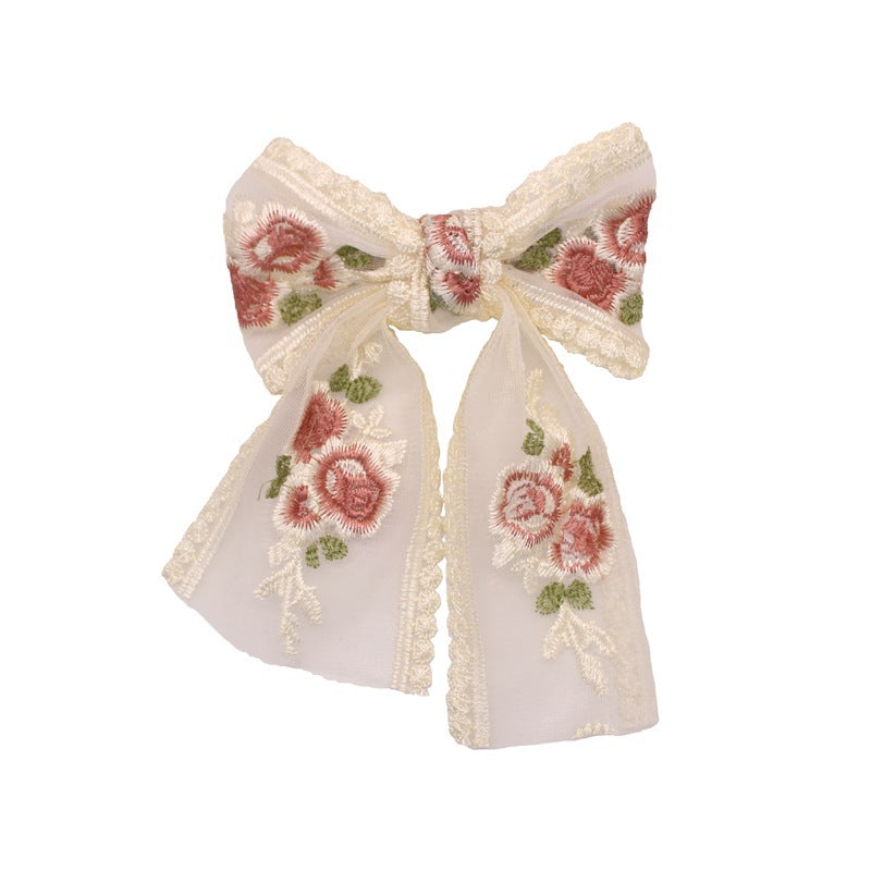 Embroidered Flower Ribbon Big Bow Hairpin