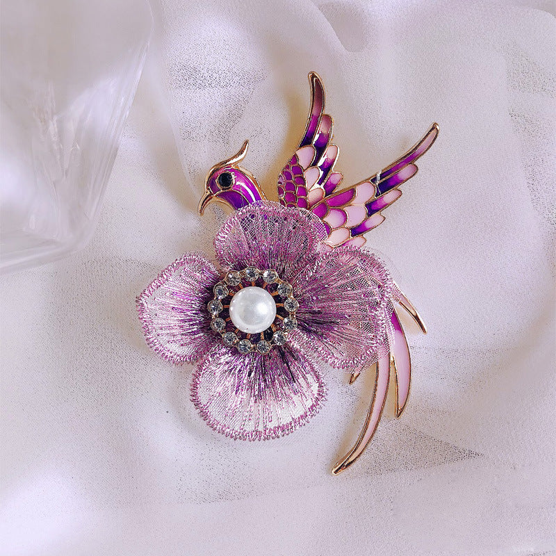 Embroidered Flower Brooch Phoenix bird pin