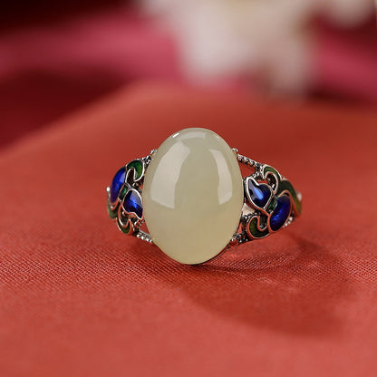 Hotan Jade Vintage Style Egg Face Pattern Hollow Out Ring