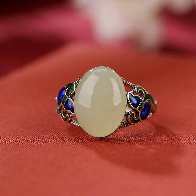 Hotan Jade Vintage Style Eiergesichtsmuster Hohlring Ring