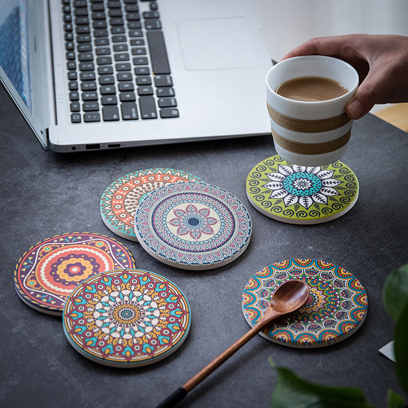 Mandala flower ceramic absorbent coaster