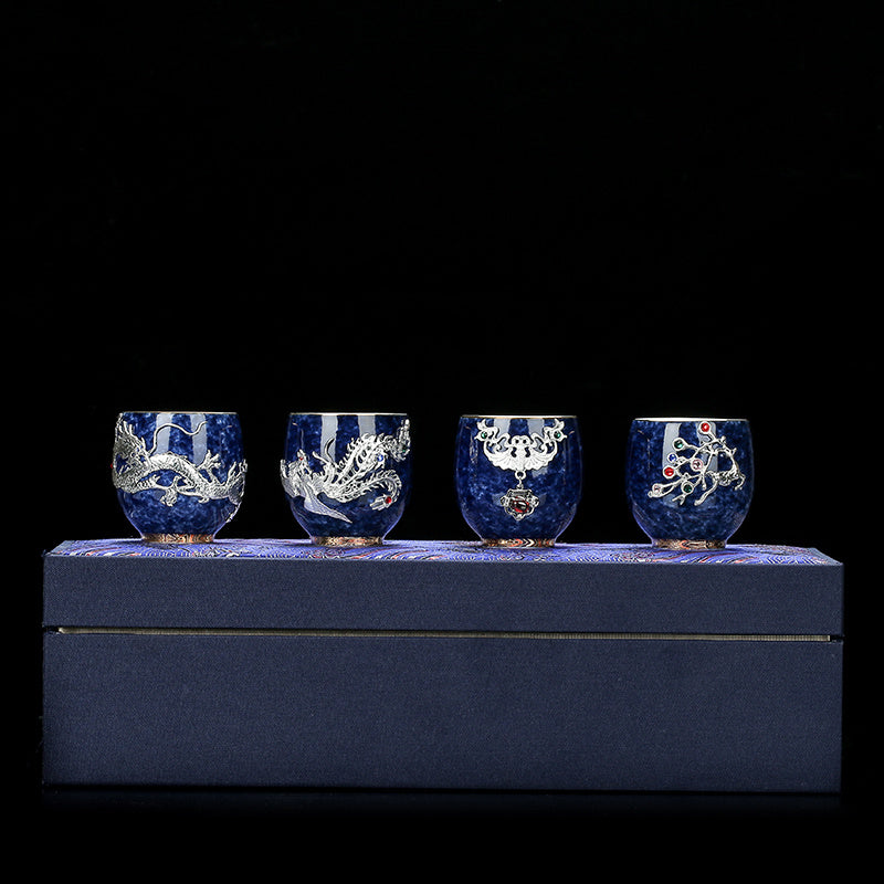 Sprinkled Blue Glaze Ceramic Inlaid Silver Tea Cup Set