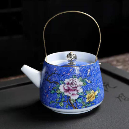 Enamel Painted Teapot Vintage Household Peony Ring Handle Teapot