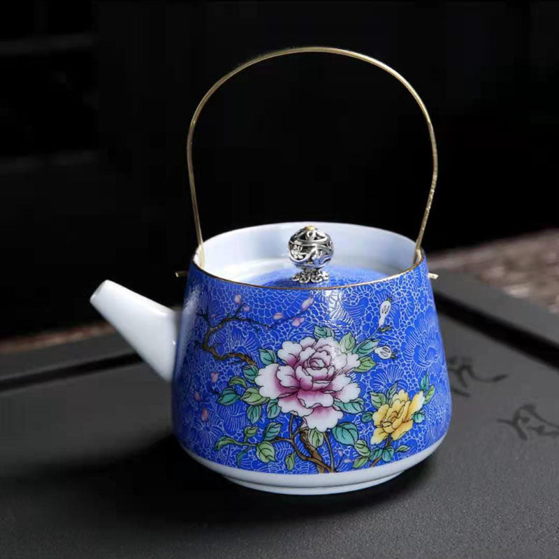 Enamel Painted Teapot Vintage Household Peony Ring Handle Teapot