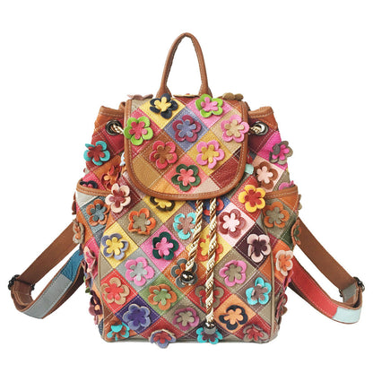 Cowide Patchwork Diamond Checked Flower Retro Style Rucksack