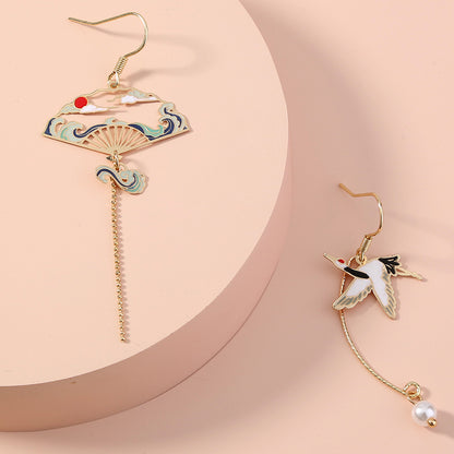 Fashion creative wild earrings temperament color dripping oil crane long asymmetric earrings