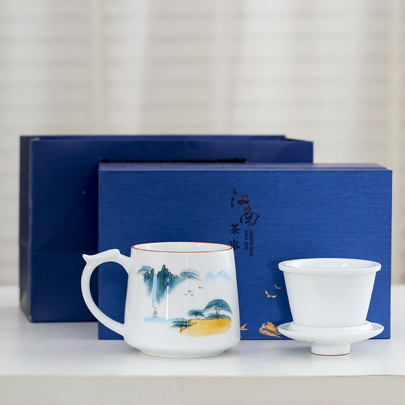 White Porcelain Celadon Household Hand-painted Filtered Tea Cup With Lid