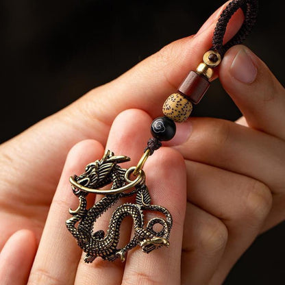 Vintage Pure Copper Domineering Golden Chinese Dragon Car Keychain-5