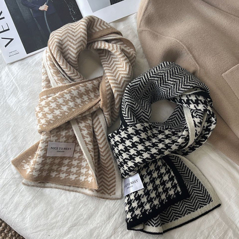 Houndstooth and Wave Pattern Print Scarf Winter Fashion Versatile Knitted Woolen Scarf