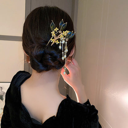 Women's Floral Leaf Pearl Tassel Hairpin