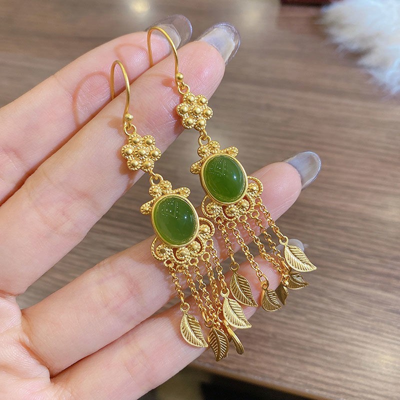 Temperamental Tassels Hetian Jade Feather Earrings