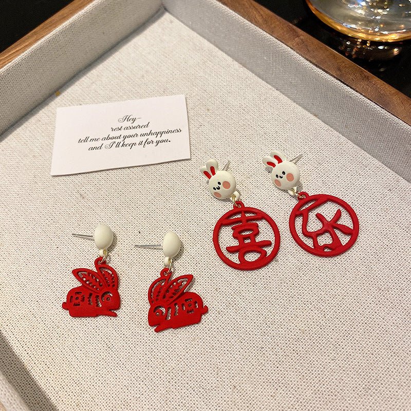 Festive Zodiac Year Paper-cut Red Rabbit Earrings-3