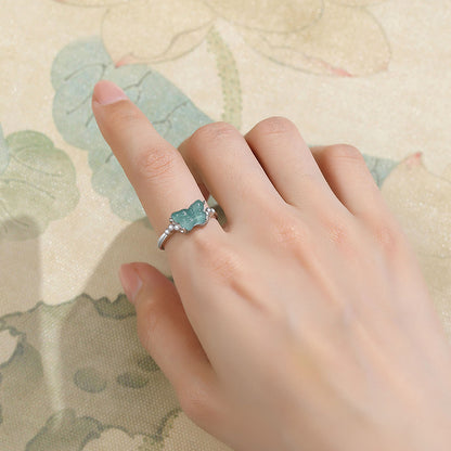 Natural Blue Water Jade Butterfly Ring for Women