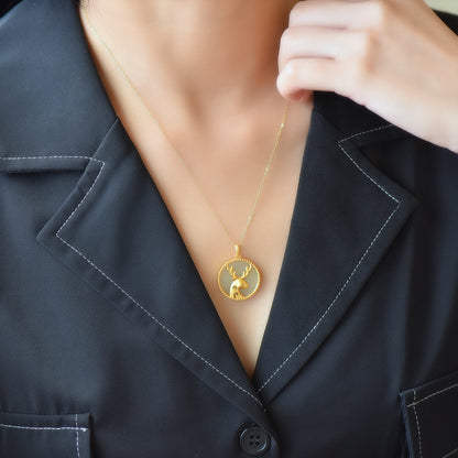 A Natural Hetian Jade Deer Round Pendant Set In Antique Gilt