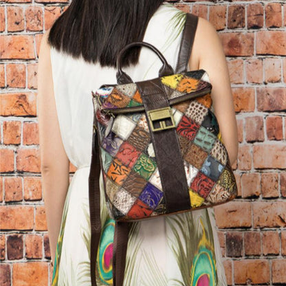 The First Layer Cowhide Ethnic Style Stitching Covered Backpack