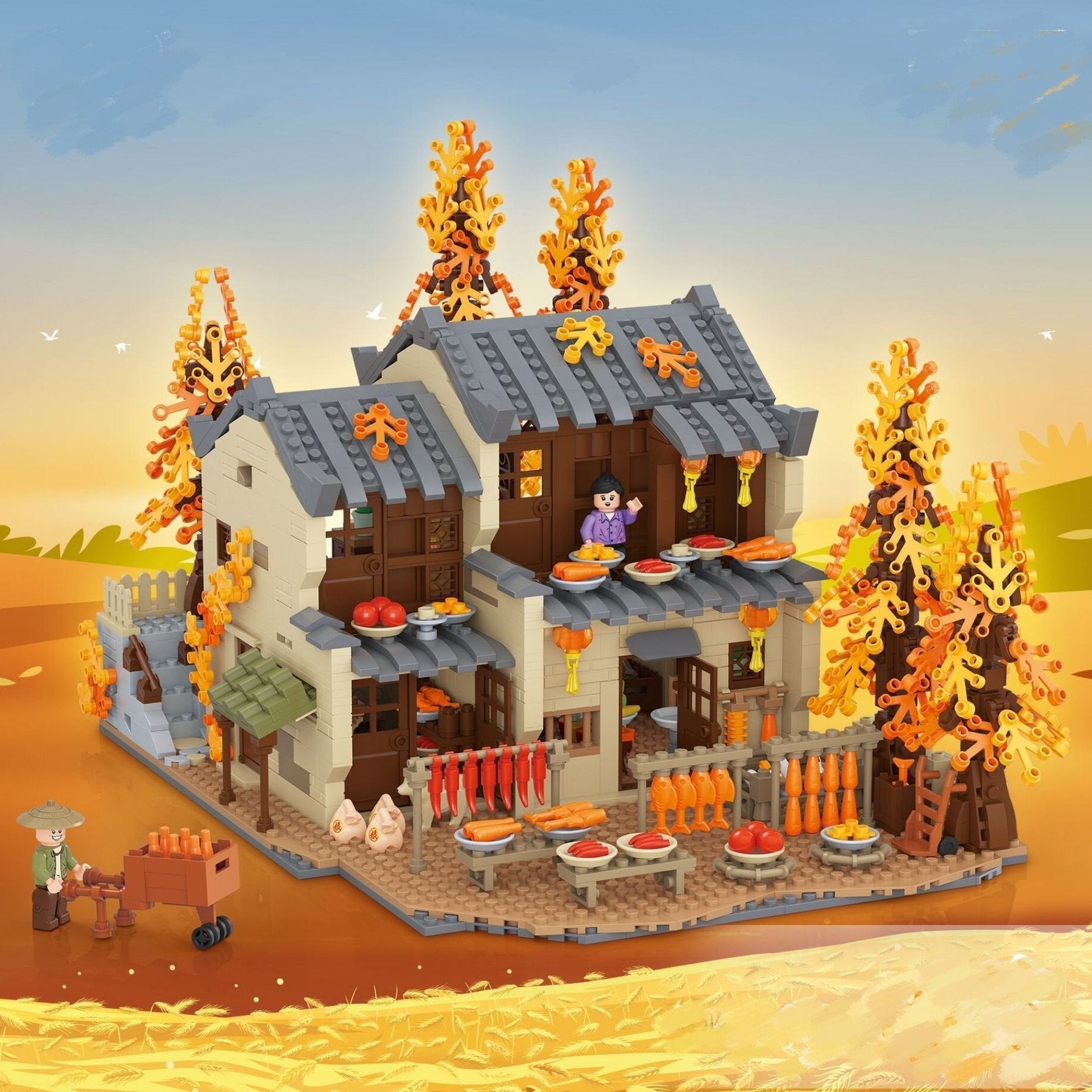 Autumn Sun Drying Farmhouse Courtyard Particle Building Blocks-4