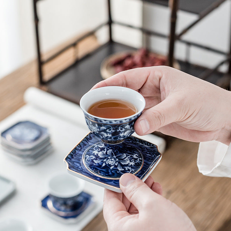 Vintage Chinese Blue and White Porcelain Ceramic Coaster Teacup Set-2