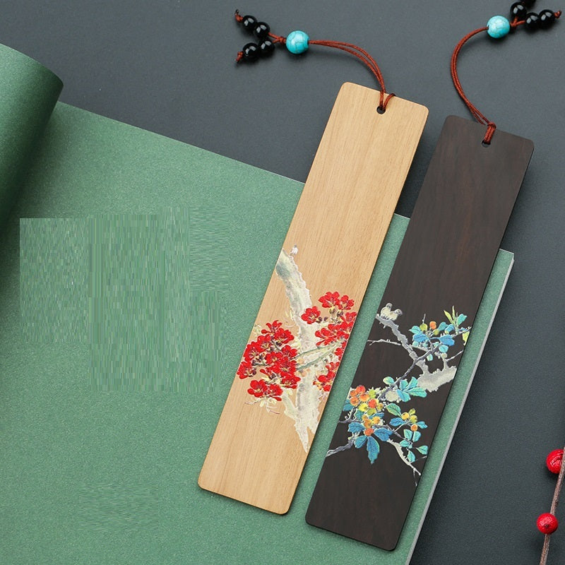 Colorful Chinese Painting Flower Golden Rosewood Bookmarks-1