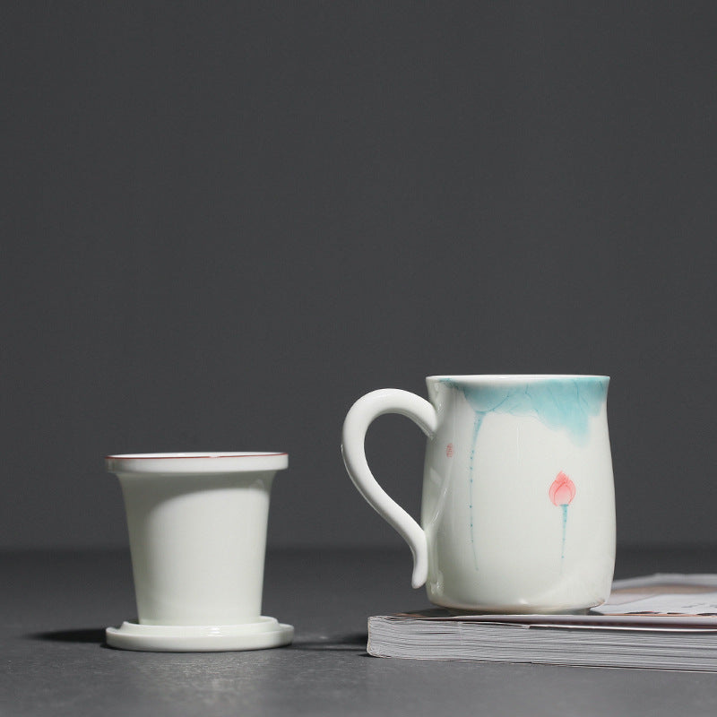 Pale Green Hand-Painted Lotus Teacup with Tea Strainer-2